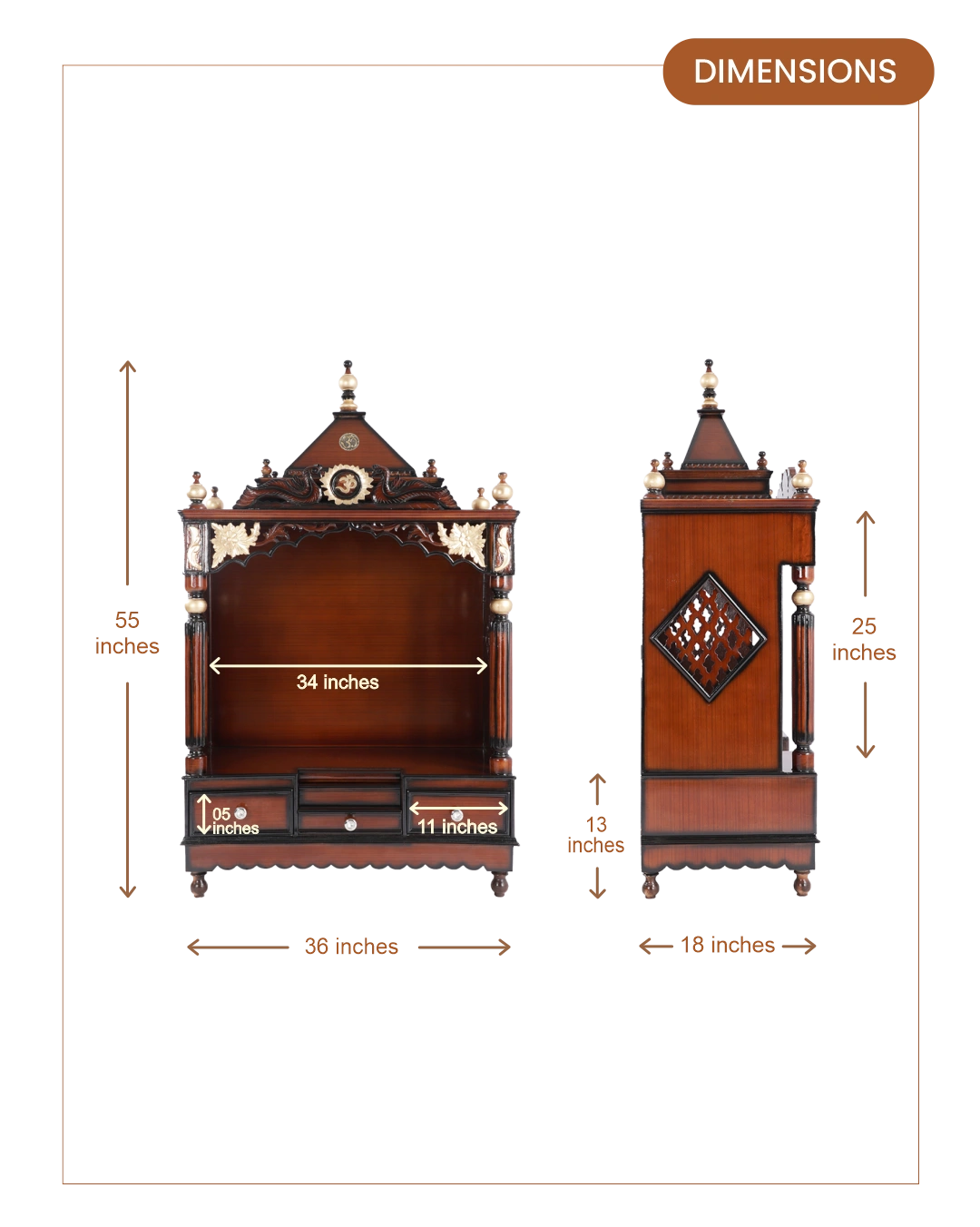 Pooja Graham Large Floor Rested Pooja Mandir without Door (Brown Gold)  dimensions