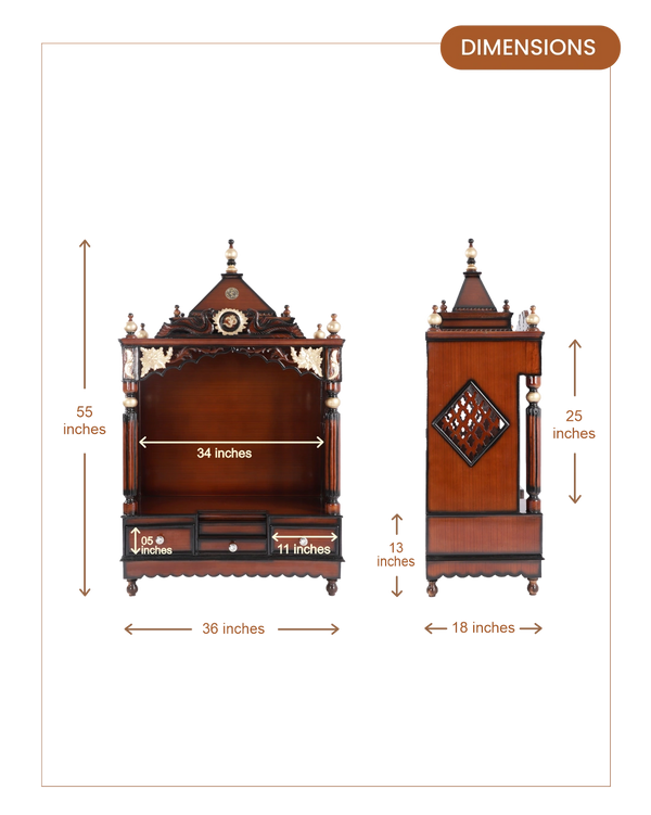 Pooja Graham Large Floor Rested Pooja Mandir without Door (Brown Gold)  dimensions