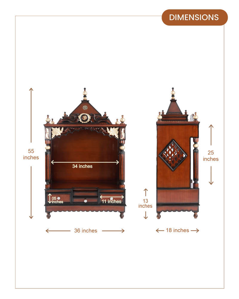 Pooja Graham Large Floor Rested Pooja Mandir without Door (Brown Gold)  dimensions