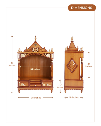 Pooja Graham Large Floor Rested Pooja Mandir without Door (Teak Gold) dimensions