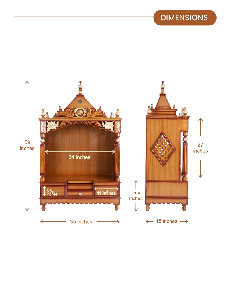 Pooja Graham Large Floor Rested Pooja Mandir without Door (Teak Gold) dimensions