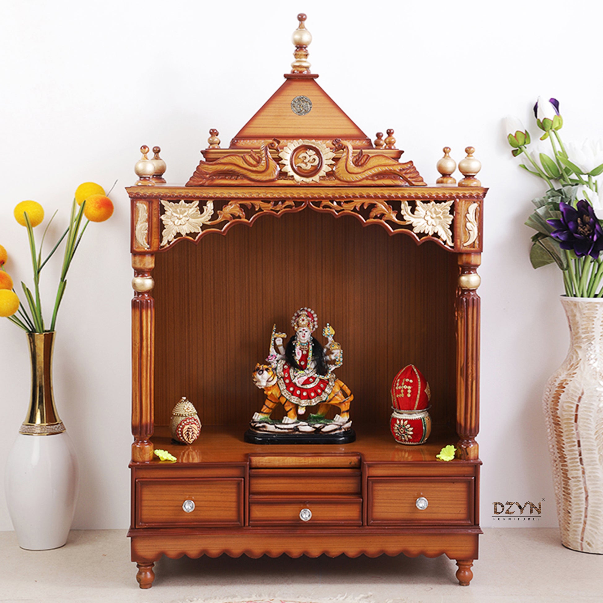 Pooja Graham Large Floor Rested Pooja Mandir without Door (Teak Gold) life style image