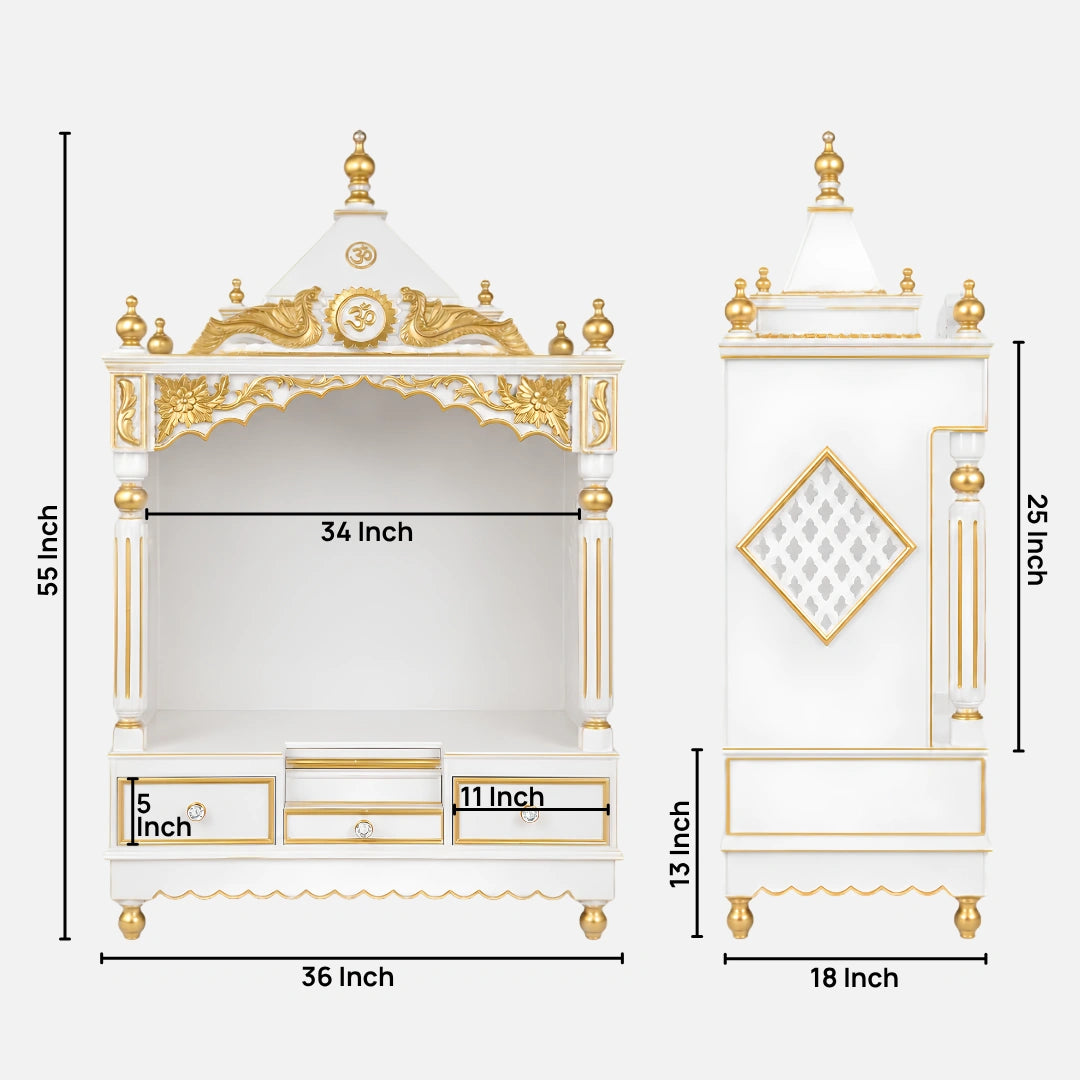 Pooja Graham Large Floor Rested Pooja Mandir without Door (White Gold) Dimensions