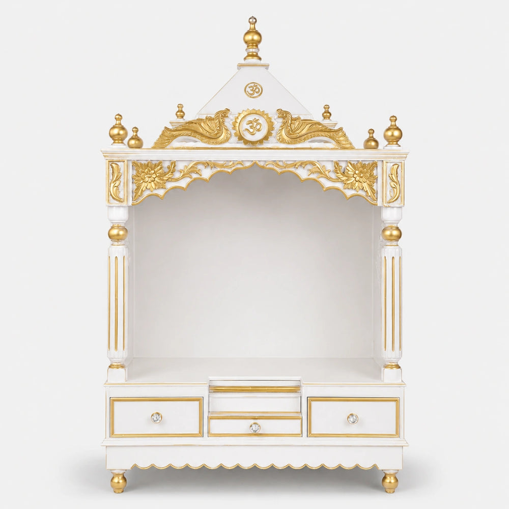 Pooja Graham Large Floor Rested Pooja Mandir without Door (White Gold) Front View