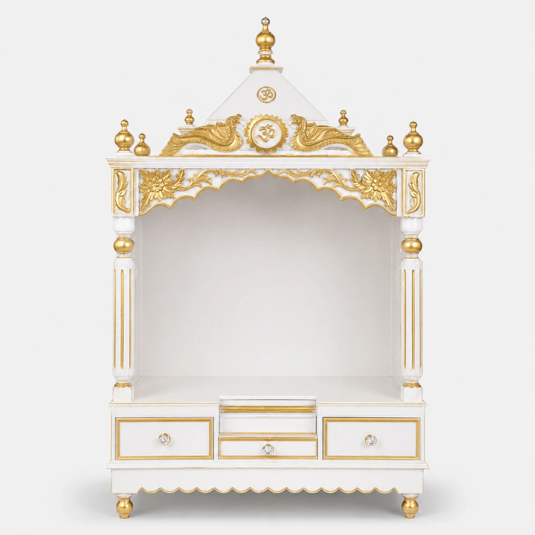 Pooja Graham Large Floor Rested Pooja Mandir without Door (White Gold) Front View