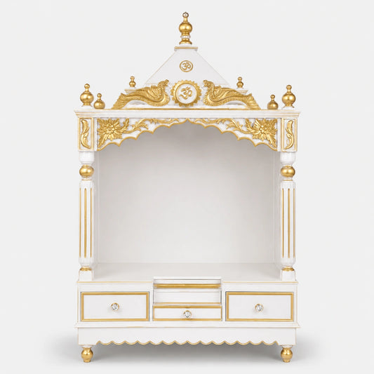 Pooja Graham Large Floor Rested Pooja Mandir without Door (White Gold) Front View