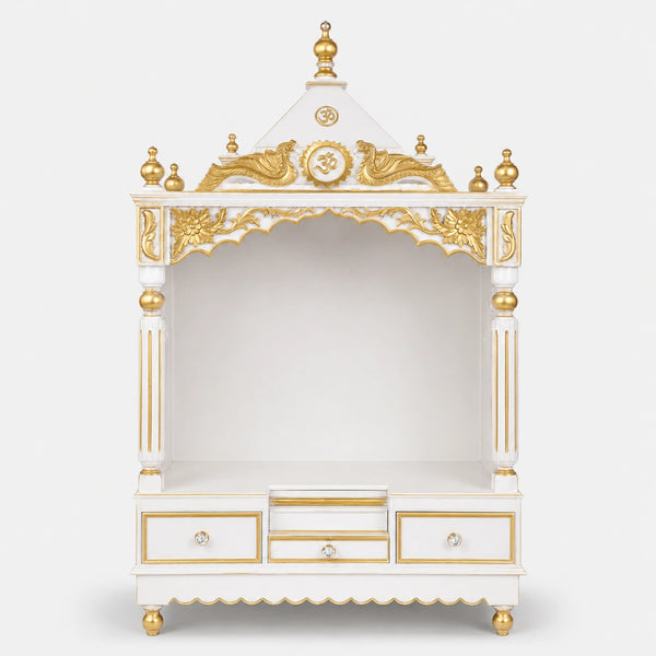 Pooja Graham Large Floor Rested Pooja Mandir without Door (White Gold) Front View