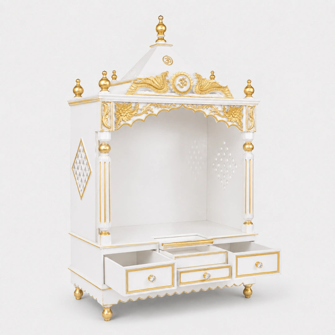 Pooja Graham Large Floor Rested Pooja Mandir without Door (White Gold) Side View Open Drawers