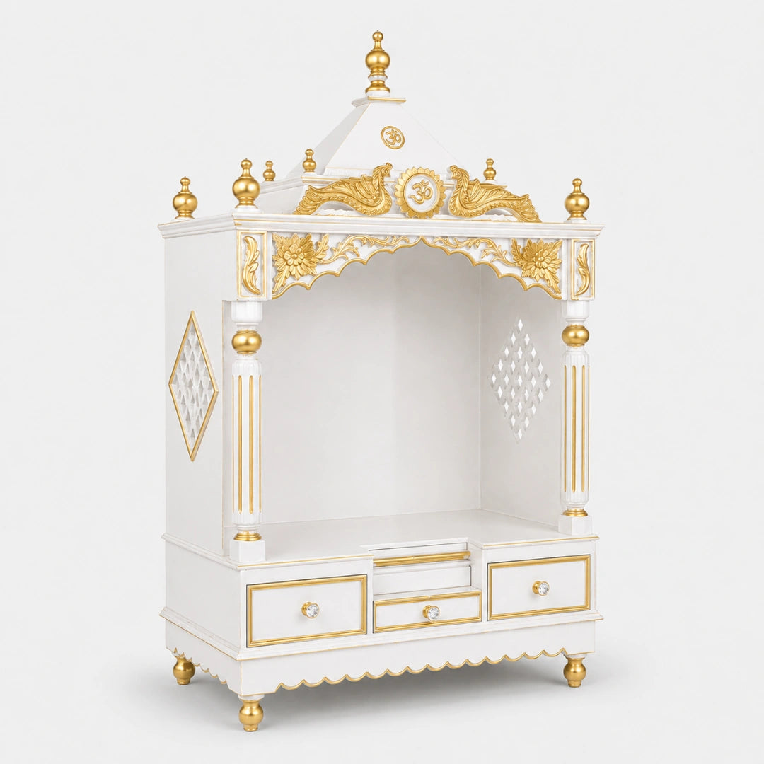 Pooja Graham Large Floor Rested Pooja Mandir without Door (White Gold) Side View