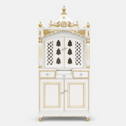 Pooja Graham Large Floor Rested Pooja Mandap with Door (White Gold) Front View