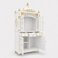 Pooja Graham Large Floor Rested Pooja Mandap with Door (White Gold) Side View open Drawers
