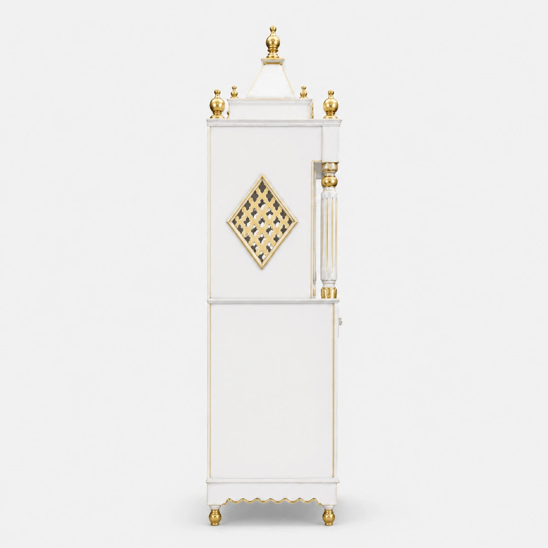 Pooja Graham Large Floor Rested Pooja Mandap with Door (White Gold) Side Angle