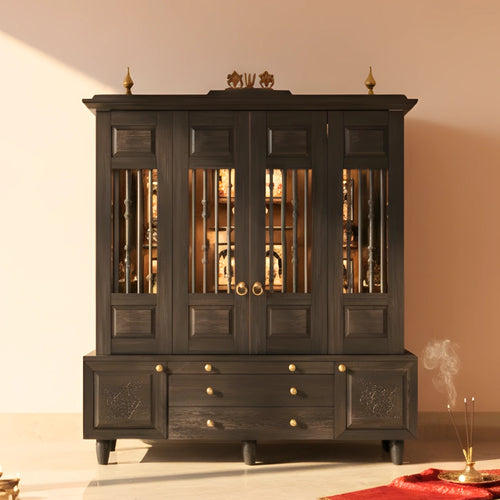 Anandam Teak Wood Pooja Mandap with Door (Brown)