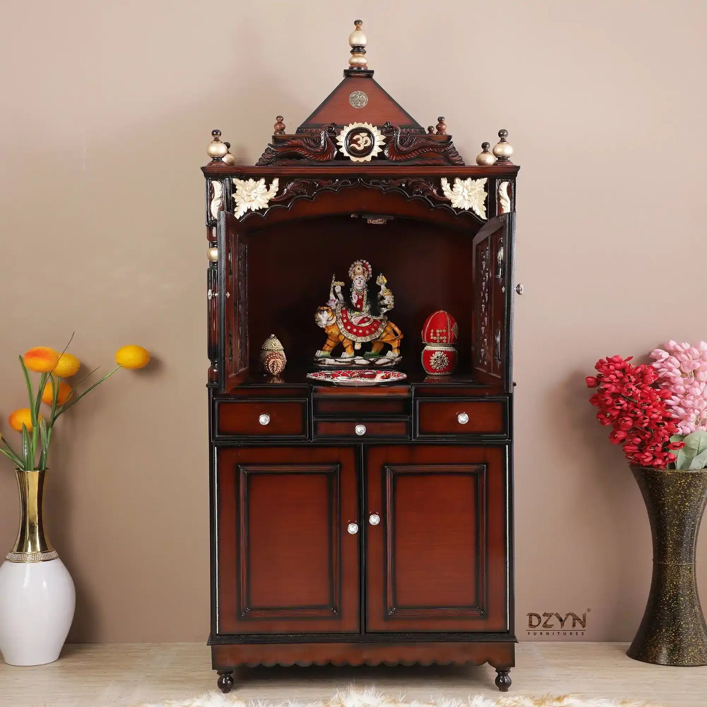 Pooja Graham Large Floor Rested Pooja Mandap with Door (Brown Gold) Lifestyle view