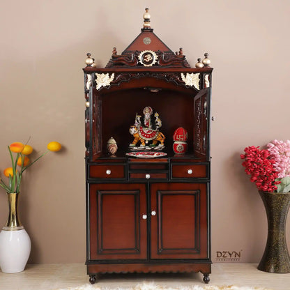 Pooja Graham Large Floor Rested Pooja Mandap with Door (Brown Gold) Lifestyle view