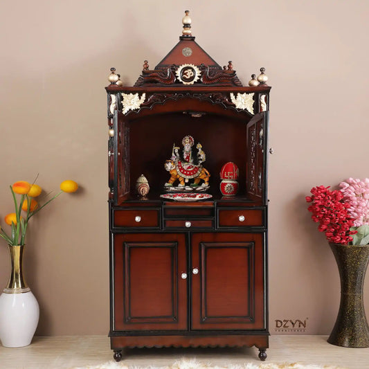 Pooja Graham Large Floor Rested Pooja Mandap with Door (Brown Gold) Lifestyle view