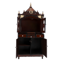 Pooja Graham Large Floor Rested Pooja Mandap/Wooden temple with doors for home in Brown Gold color front view open drawers