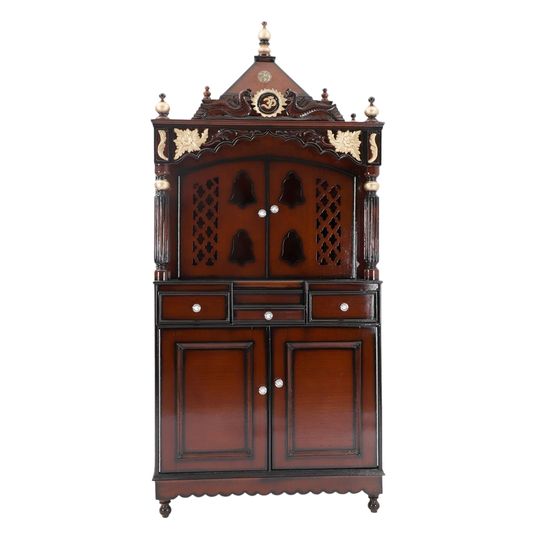 Pooja Graham Large Floor Rested Pooja Mandap/Wooden temple with doors for home in Brown Gold color front view