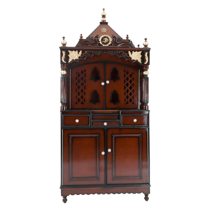Pooja Graham Large Floor Rested Pooja Mandap/Wooden temple with doors for home in Brown Gold color front view