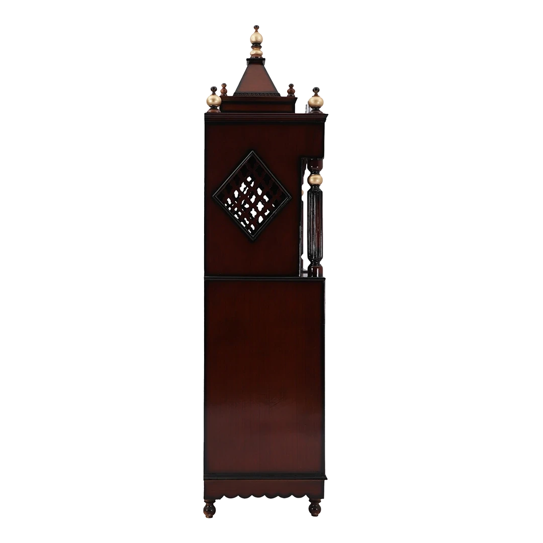 Pooja Graham Large Floor Rested Pooja Mandap/Wooden temple with doors for home in Brown Gold color side view featuring jali design and Pillars