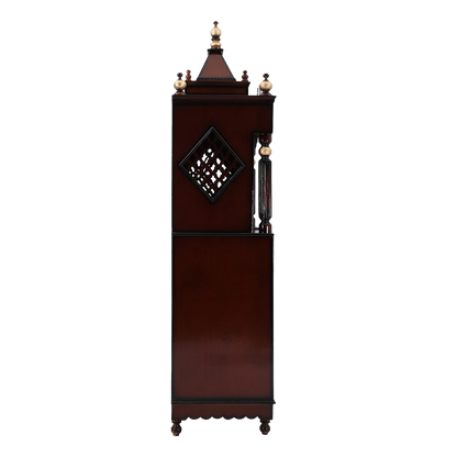 Pooja Graham Large Floor Rested Pooja Mandap/Wooden temple with doors for home in Brown Gold color side view featuring jali design and Pillars