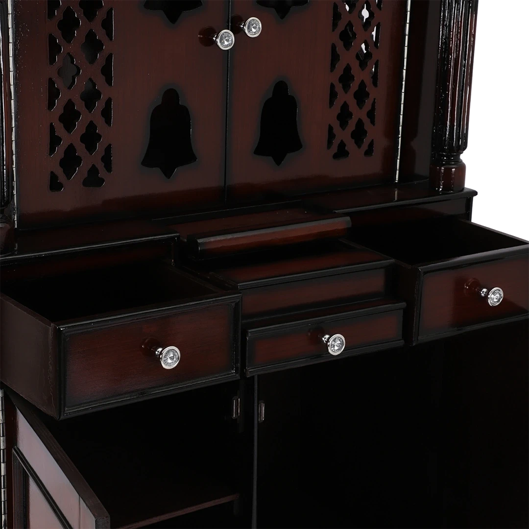 Pooja Graham Large Floor Rested Pooja Mandap/Wooden temple with doors for home in Brown Gold color zoom view open drawers