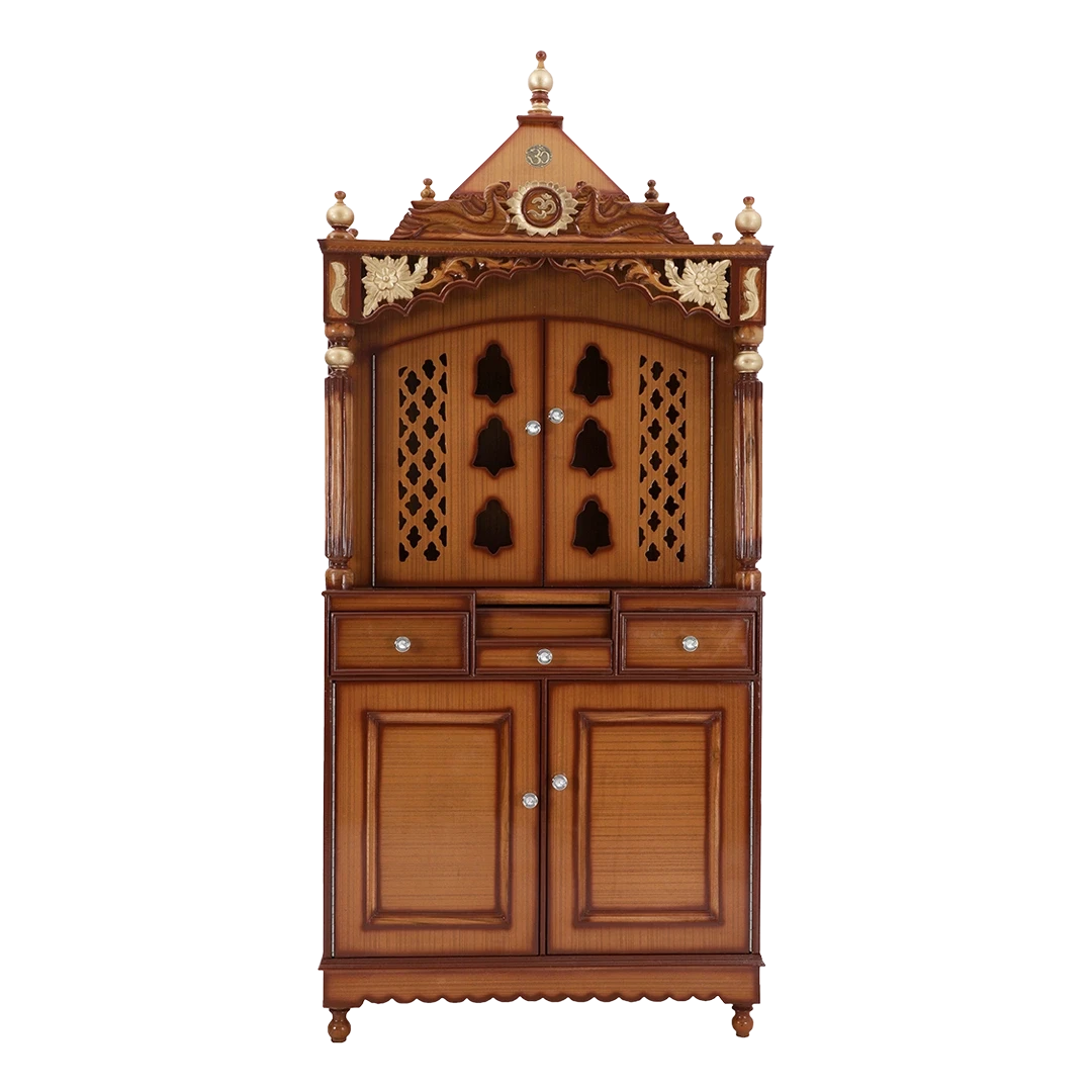 Pooja Graham Large Floor Rested Pooja Mandap/Wooden temple with doors for home in Teak Gold color front view