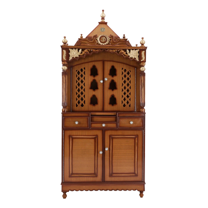 Pooja Graham Large Floor Rested Pooja Mandap/Wooden temple with doors for home in Teak Gold color front view