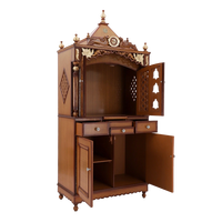 Pooja Graham Large Floor Rested Pooja Mandap/Wooden temple with doors for home in Teak Gold color 45° side view open drawers