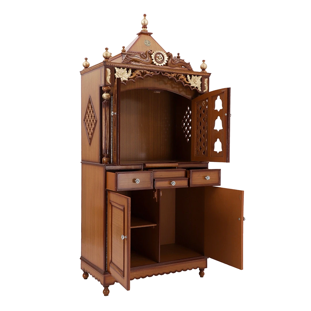 Pooja Graham Large Floor Rested Pooja Mandap/Wooden temple with doors for home in Teak Gold color 45° side view open drawers