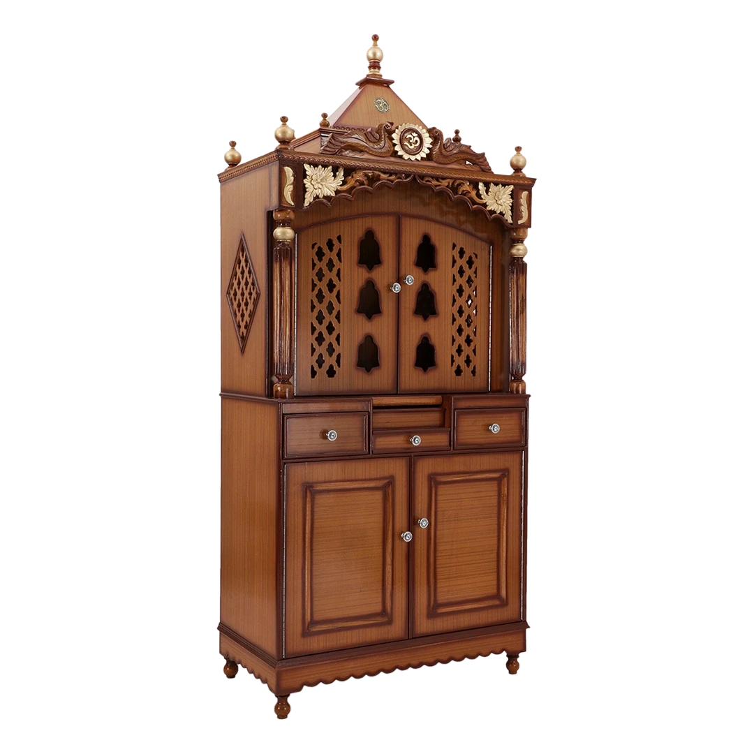 Pooja Graham Large Floor Rested Pooja Mandap/Wooden temple with doors for home in Teak Gold color 45° side view