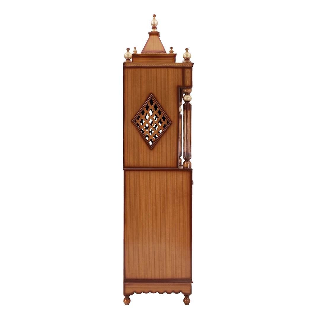 Pooja Graham Large Floor Rested Pooja Mandap/Wooden temple with doors for home in Teak Gold color side view featuring jali design and Pillars