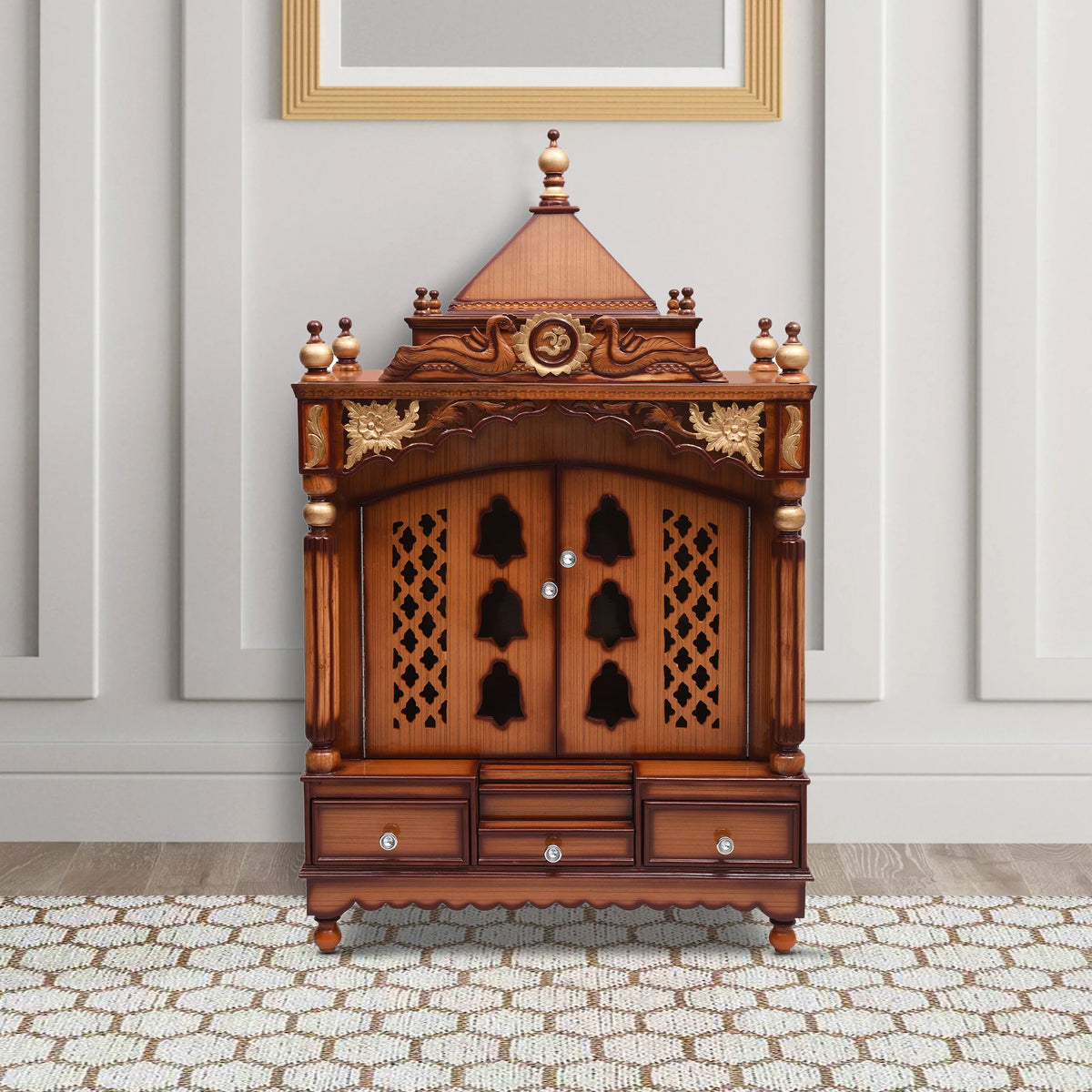 Pooja Graham Large Floor Rested Pooja Mandir with Door (Teak Gold)