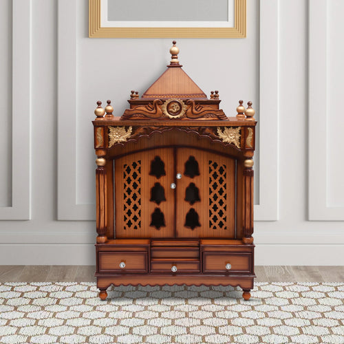 Pooja Graham Large Floor Rested Pooja Mandir with Door (Teak Gold)