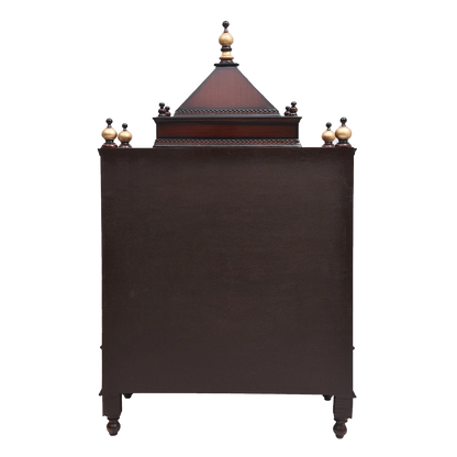 Pooja Graham Large Floor Rested Pooja Mandir/Wooden temple with doors for home in Brown Gold color back view