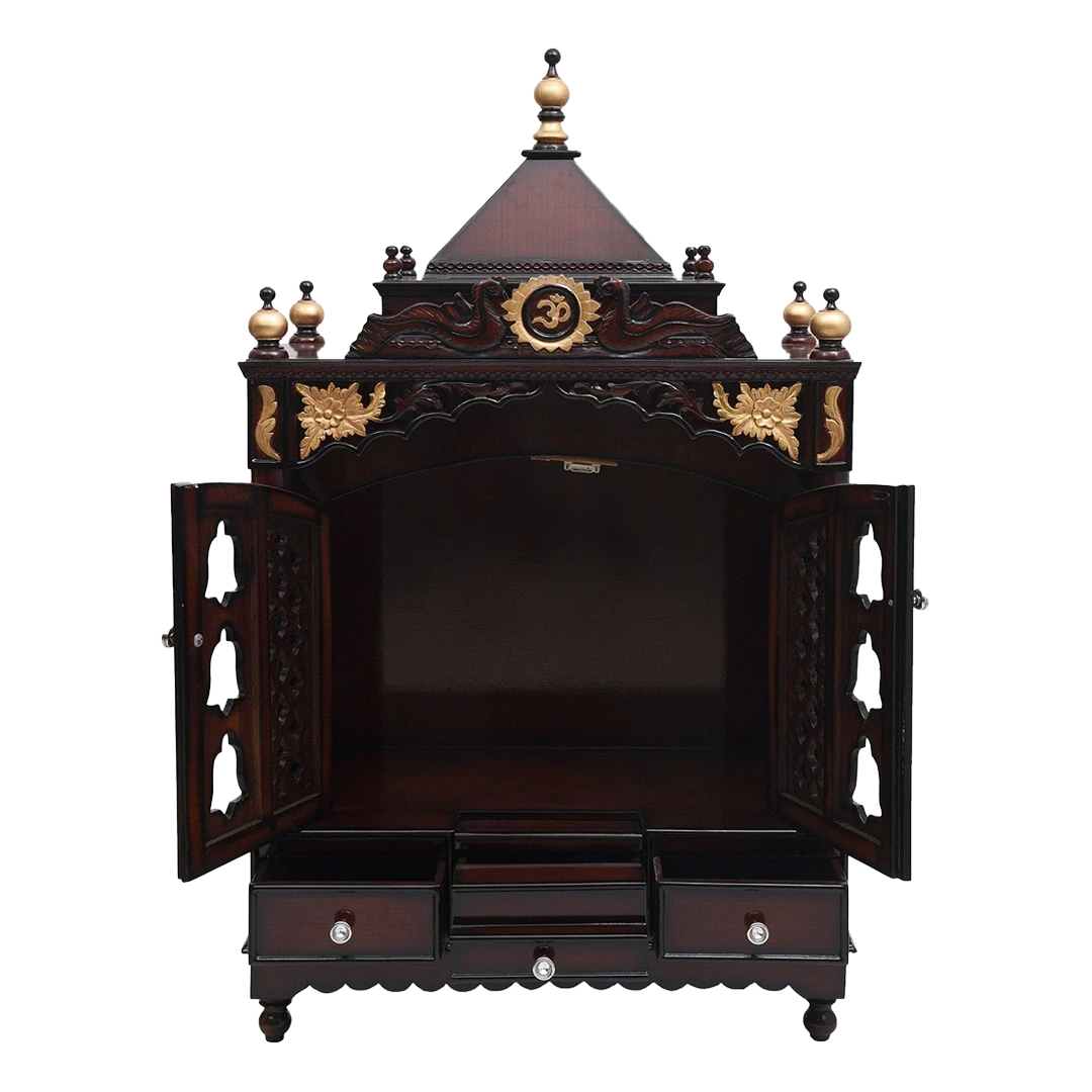 Pooja Graham Large Floor Rested Pooja Mandir/Wooden temple with doors for home in Brown Gold color front view open drawers