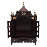Pooja Graham Large Floor Rested Pooja Mandir/Wooden temple with doors for home in Brown Gold color front view open drawers