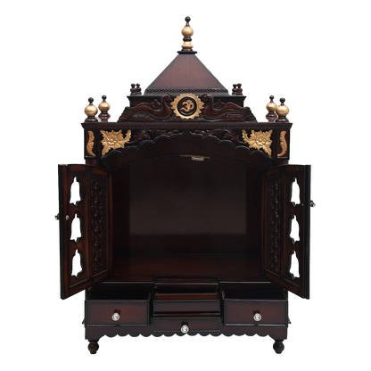 Pooja Graham Large Floor Rested Pooja Mandir/Wooden temple with doors for home in Brown Gold color front view open drawers
