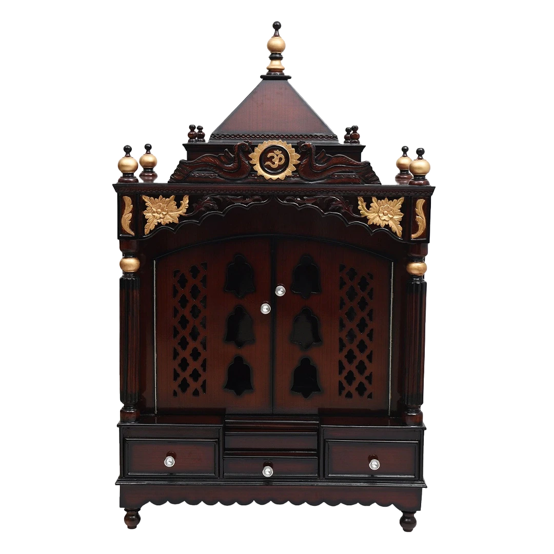 Pooja Graham Large Floor Rested Pooja Mandir/Wooden temple with doors for home in Brown Gold color front view