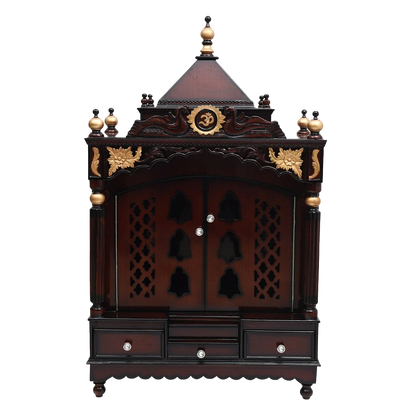 Pooja Graham Large Floor Rested Pooja Mandir/Wooden temple with doors for home in Brown Gold color front view