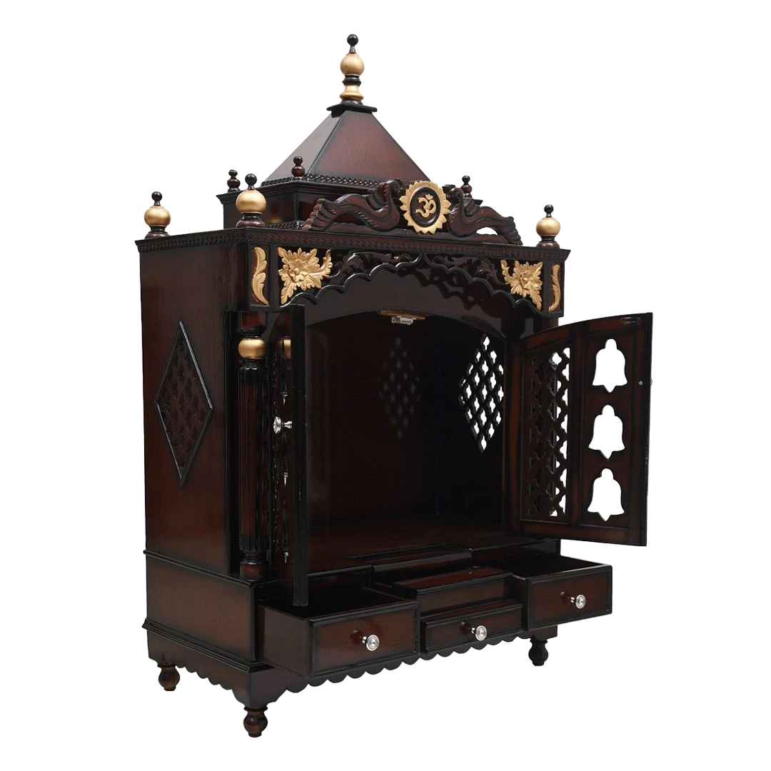 Pooja Graham Large Floor Rested Pooja Mandir/Wooden temple with doors for home in Brown Gold color 45° side view open drawers