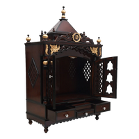 Pooja Graham Large Floor Rested Pooja Mandir/Wooden temple with doors for home in Brown Gold color 45° side view open drawers