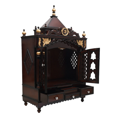 Pooja Graham Large Floor Rested Pooja Mandir/Wooden temple with doors for home in Brown Gold color 45° side view open drawers