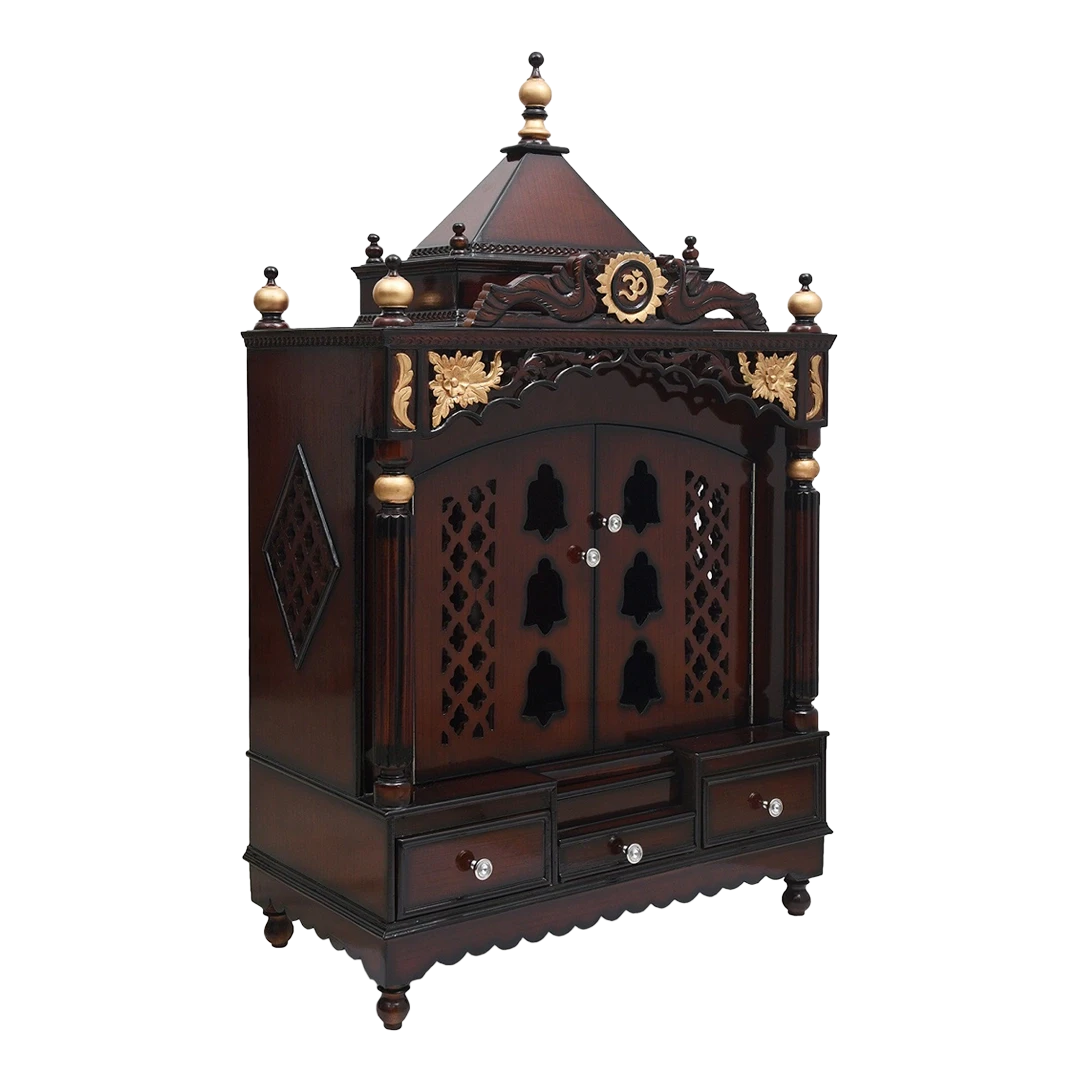 Pooja Graham Large Floor Rested Pooja Mandir/Wooden temple with doors for home in Brown Gold color 45° side view