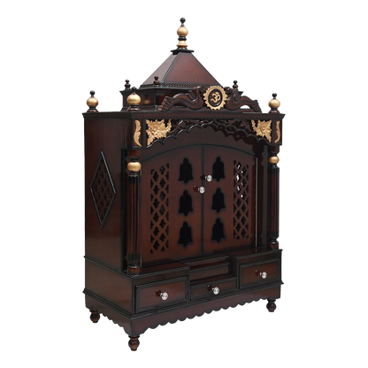 Pooja Graham Large Floor Rested Pooja Mandir/Wooden temple with doors for home in Brown Gold color 45° side view