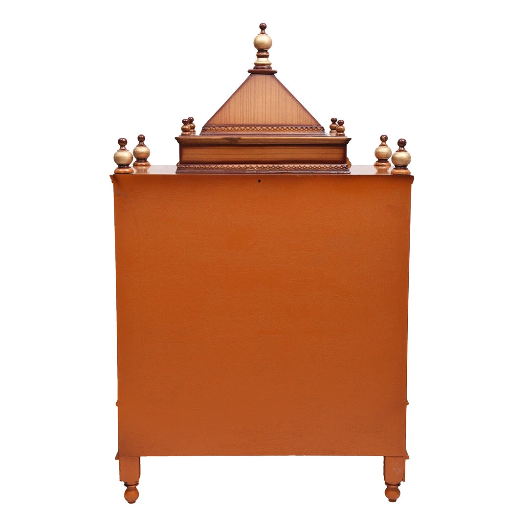 Pooja Graham Large Floor Rested Pooja Mandir/Wooden temple with doors for home in Teak Gold color back view