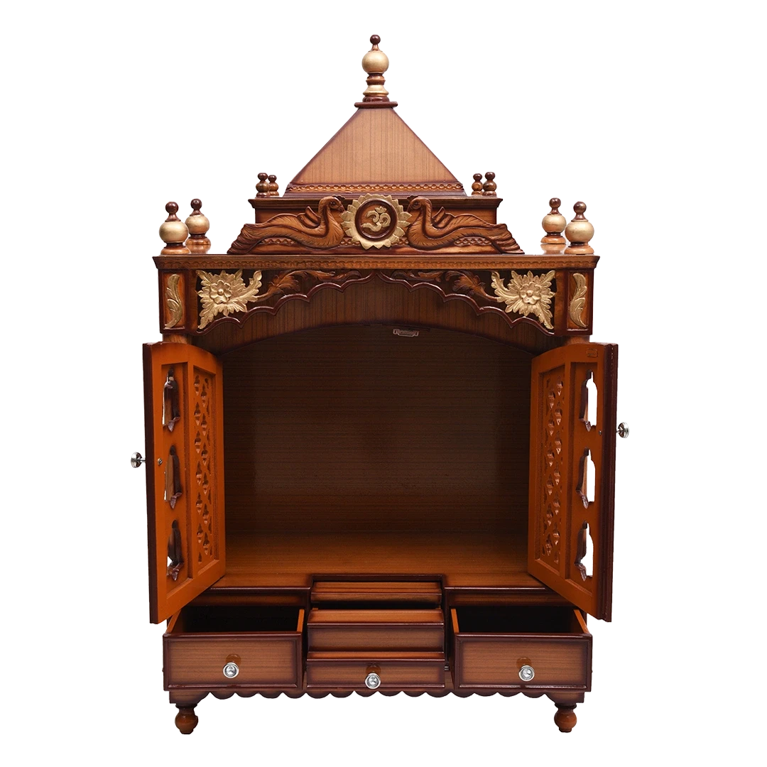 Pooja Graham Large Floor Rested Pooja Mandir/Wooden temple with doors for home in Teak Gold color front view open drawers