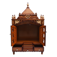 Pooja Graham Large Floor Rested Pooja Mandir/Wooden temple with doors for home in Teak Gold color front view open drawers