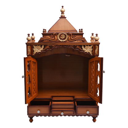 Pooja Graham Large Floor Rested Pooja Mandir/Wooden temple with doors for home in Teak Gold color front view open drawers