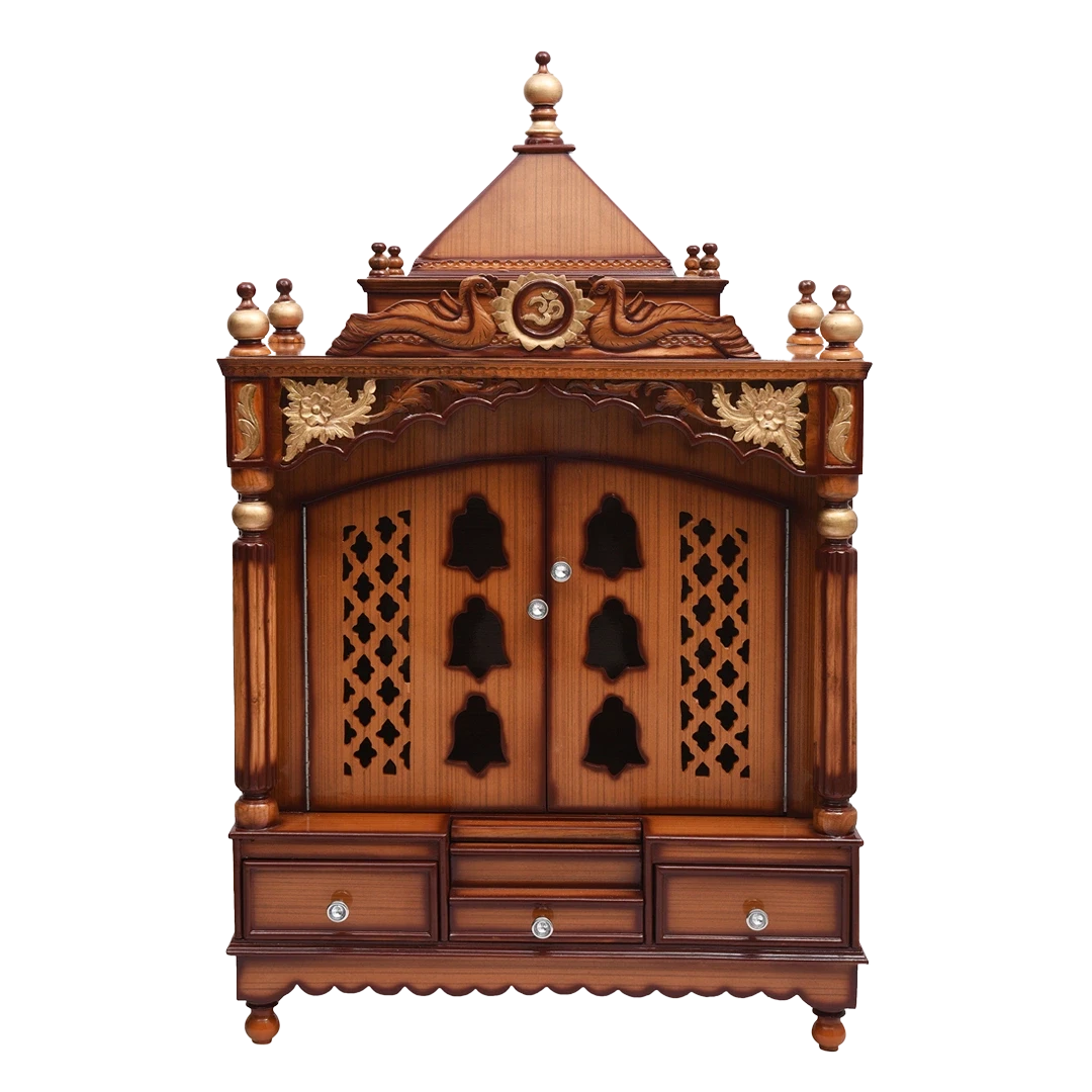 Pooja Graham Large Floor Rested Pooja Mandir/Wooden temple with doors for home in Teak Gold color front view